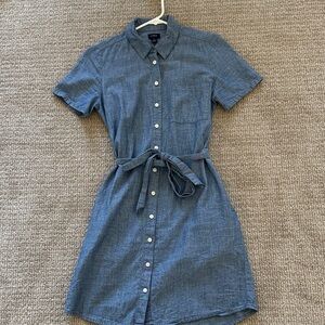 J. Crew Blue Chambray Button-Up Mini Dress with Tie Waist